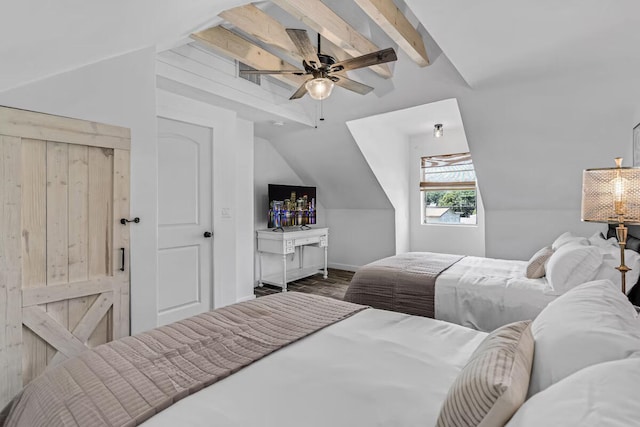 bedroom featuring dark wood-type flooring, vaulted ceiling with beams, baseboards, and ceiling fan