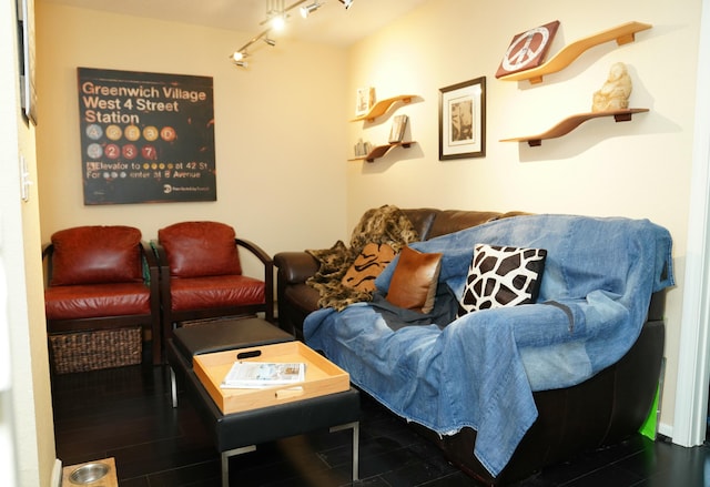 living room with dark hardwood / wood-style flooring