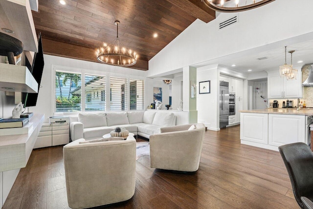 living room featuring beam ceiling, wooden ceiling, dark wood-type flooring, an inviting chandelier, and high vaulted ceiling