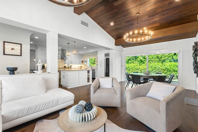 living room featuring dark wood-type flooring, high vaulted ceiling, an inviting chandelier, wooden ceiling, and beamed ceiling