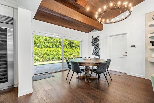 dining space with vaulted ceiling with beams, wood ceiling, dark wood-type flooring, and beverage cooler