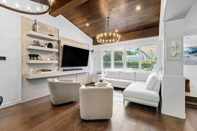 living room with a notable chandelier, lofted ceiling with beams, dark hardwood / wood-style flooring, and wooden ceiling