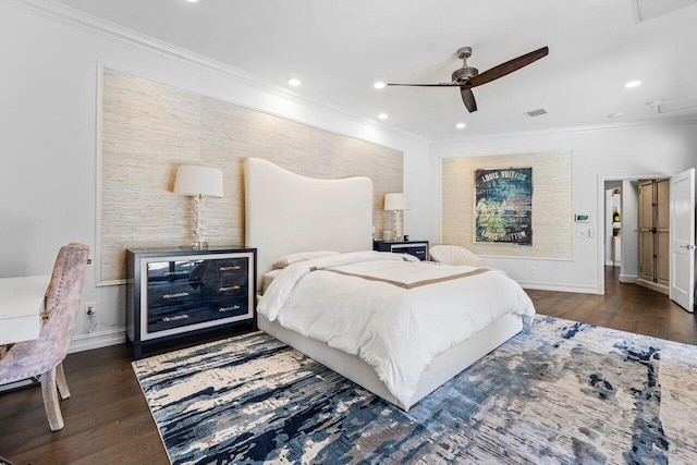 bedroom featuring ceiling fan, ornamental molding, and dark wood-type flooring