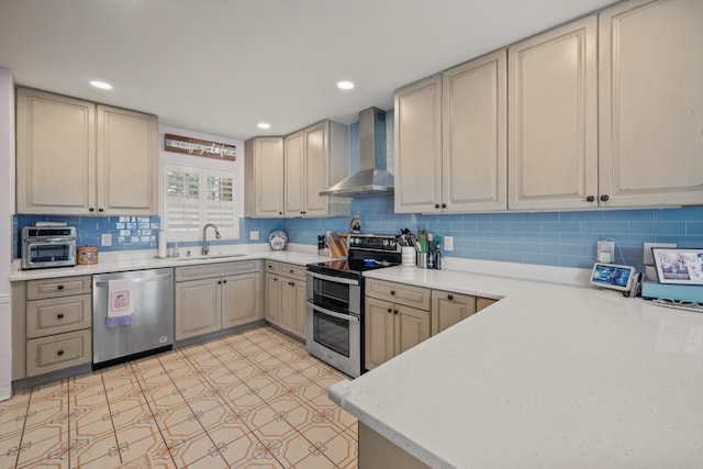 kitchen featuring decorative backsplash, sink, wall chimney range hood, and appliances with stainless steel finishes