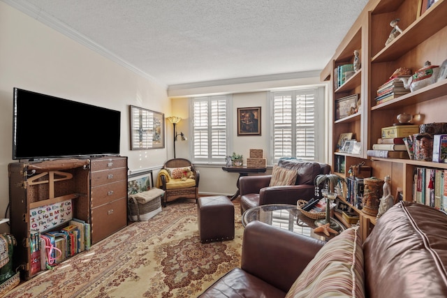 living room featuring crown molding and a textured ceiling