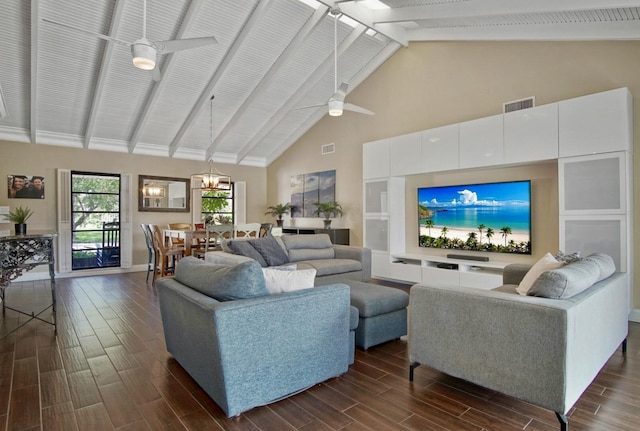 living room with beam ceiling, high vaulted ceiling, and ceiling fan with notable chandelier