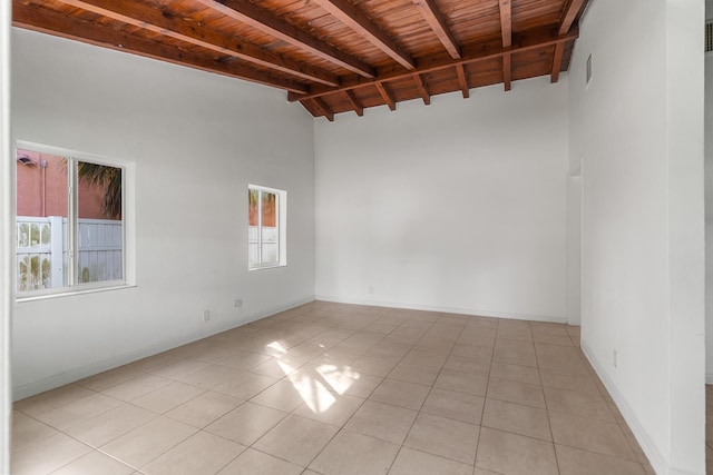 empty room featuring lofted ceiling with beams, light tile patterned flooring, and wood ceiling