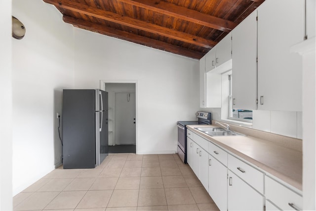 kitchen with white cabinetry, sink, light tile patterned floors, wood ceiling, and appliances with stainless steel finishes