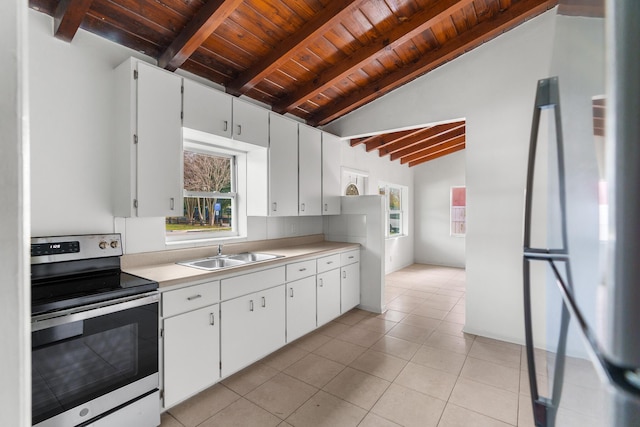 kitchen featuring stainless steel electric range oven, sink, a healthy amount of sunlight, lofted ceiling with beams, and white cabinets