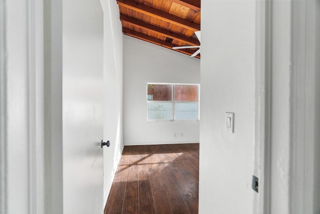 corridor featuring vaulted ceiling with beams, hardwood / wood-style flooring, and wooden ceiling