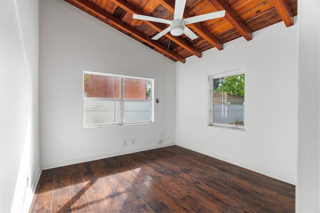 empty room featuring dark hardwood / wood-style flooring, lofted ceiling with beams, ceiling fan, and wooden ceiling