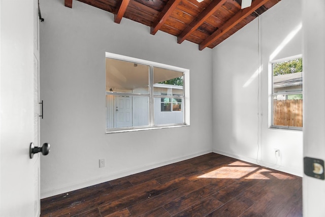 unfurnished room featuring vaulted ceiling with beams, dark hardwood / wood-style flooring, and wood ceiling