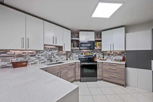 kitchen with backsplash, stainless steel appliances, white cabinetry, and sink