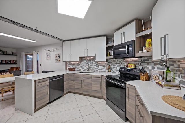 kitchen featuring white cabinets, sink, appliances with stainless steel finishes, tasteful backsplash, and kitchen peninsula