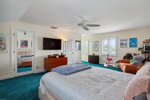 carpeted bedroom featuring ceiling fan