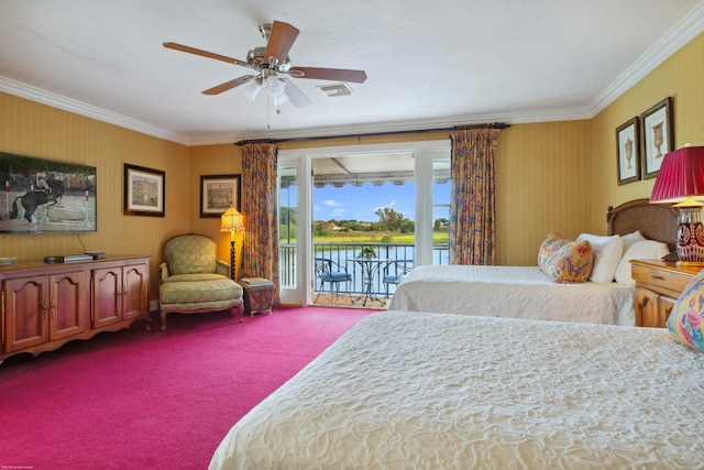 carpeted bedroom with ornamental molding, a water view, access to outside, and ceiling fan