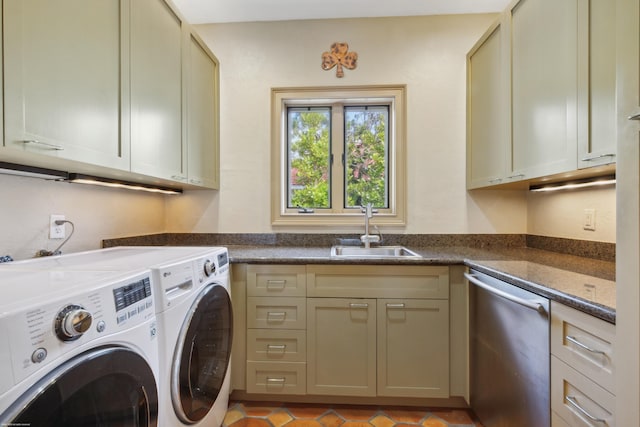 clothes washing area with separate washer and dryer, sink, and light tile patterned floors