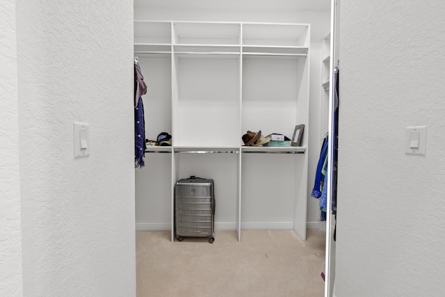 walk in closet featuring light carpet