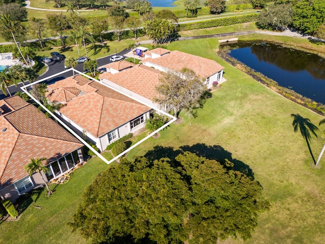 drone / aerial view featuring a water view