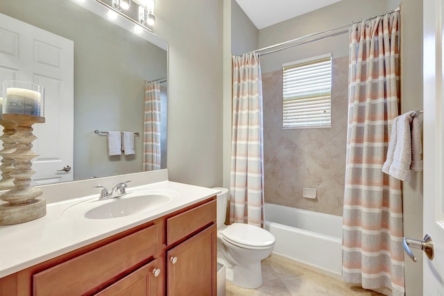 full bathroom featuring toilet, shower / tub combo, and vanity