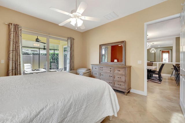 bedroom featuring ceiling fan and access to exterior