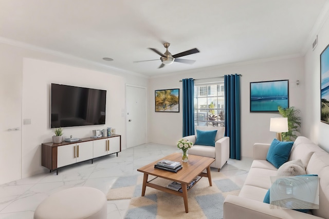 living room with ceiling fan and crown molding