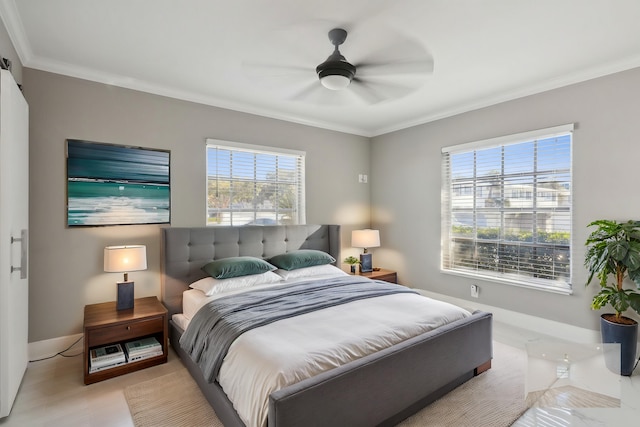 bedroom featuring ceiling fan, light wood-type flooring, and ornamental molding