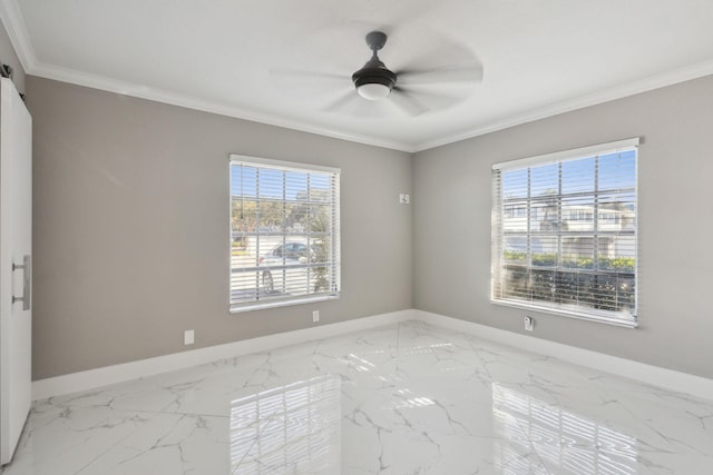 empty room with crown molding, ceiling fan, and a healthy amount of sunlight