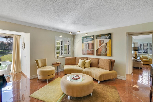 tiled living room featuring a textured ceiling and crown molding