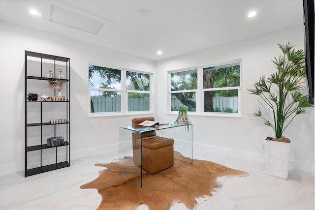 office space featuring baseboards, marble finish floor, attic access, and recessed lighting