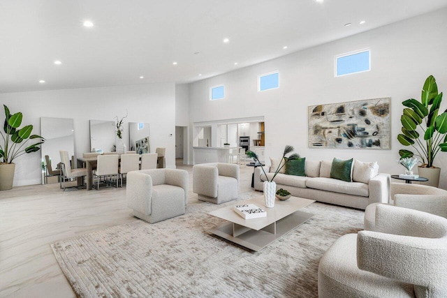 living room featuring a high ceiling