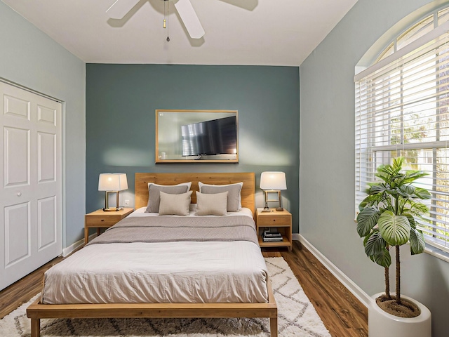 bedroom featuring multiple windows, ceiling fan, a closet, and dark wood-type flooring