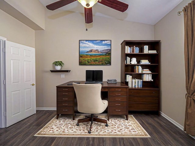 office area featuring dark hardwood / wood-style floors, ceiling fan, and lofted ceiling