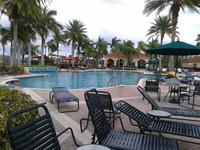 view of pool featuring a patio