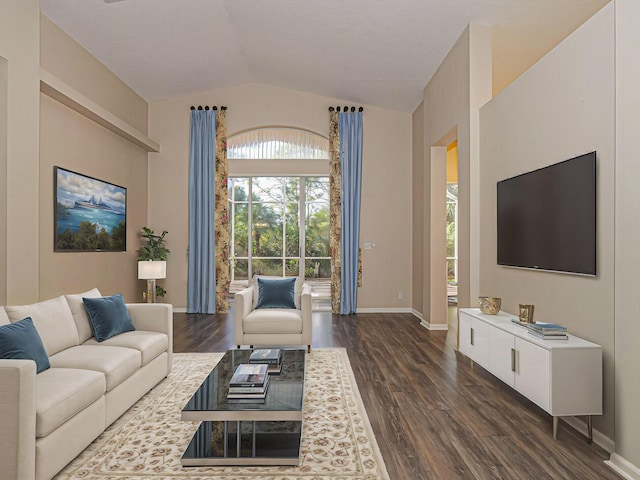 living room with vaulted ceiling and dark wood-type flooring