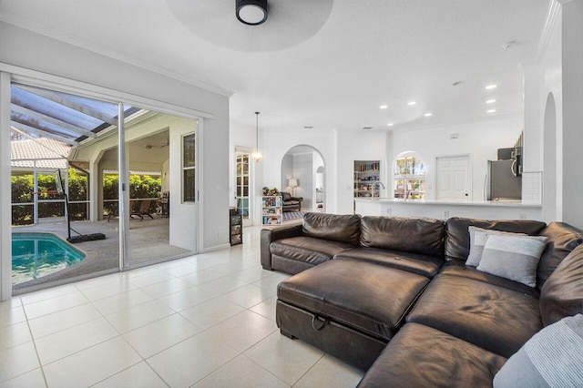 tiled living room with ornamental molding