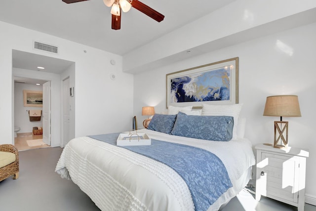 bedroom featuring ceiling fan and connected bathroom