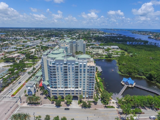 bird's eye view with a water view