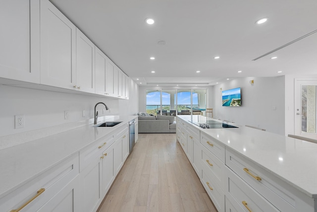 kitchen featuring white cabinetry, sink, dishwasher, and light hardwood / wood-style flooring