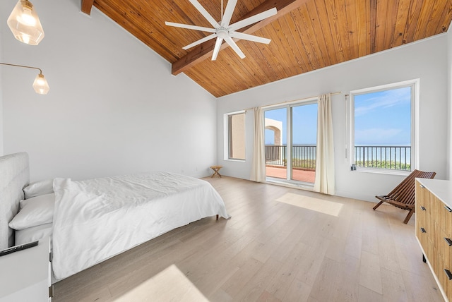 bedroom with access to exterior, wood ceiling, ceiling fan, beam ceiling, and light hardwood / wood-style flooring