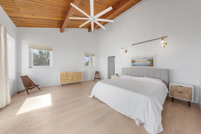 bedroom with vaulted ceiling with beams, light hardwood / wood-style flooring, and wooden ceiling