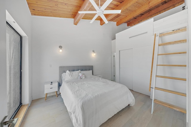 bedroom featuring beam ceiling, light wood-type flooring, ceiling fan, and wood ceiling