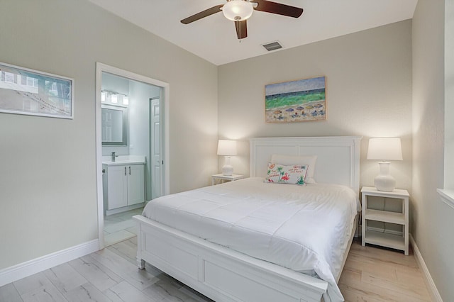 bedroom with light wood-type flooring, ensuite bathroom, and ceiling fan