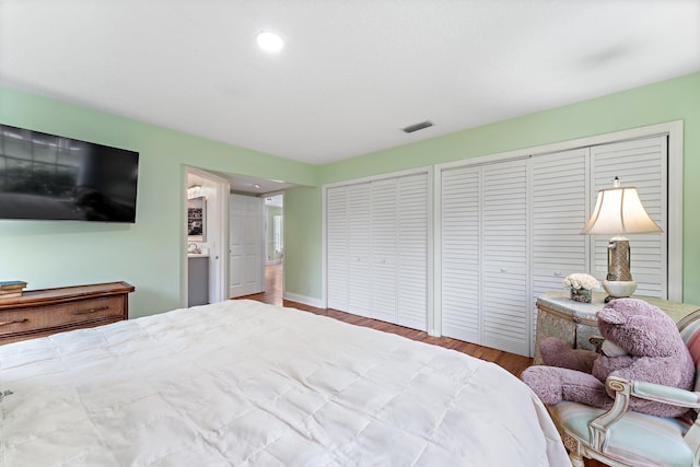 bedroom with two closets and hardwood / wood-style flooring