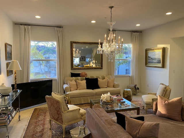 living room with an inviting chandelier