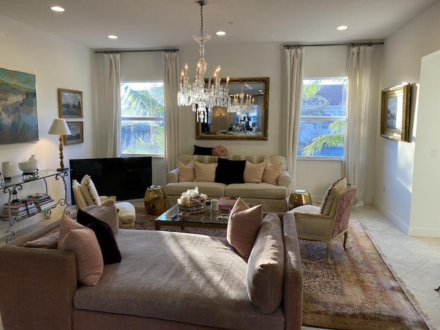 living room with a chandelier