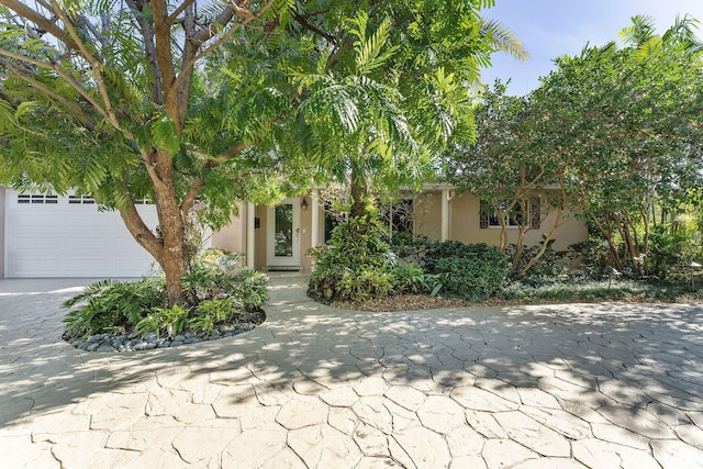 obstructed view of property featuring driveway, a garage, and stucco siding