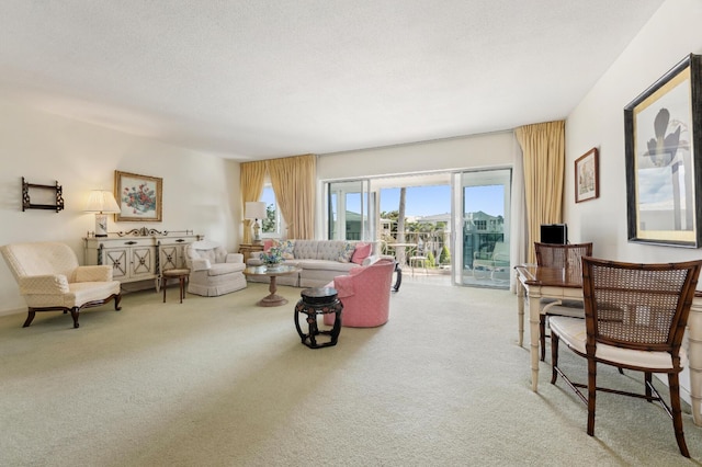 living room featuring a textured ceiling and carpet floors