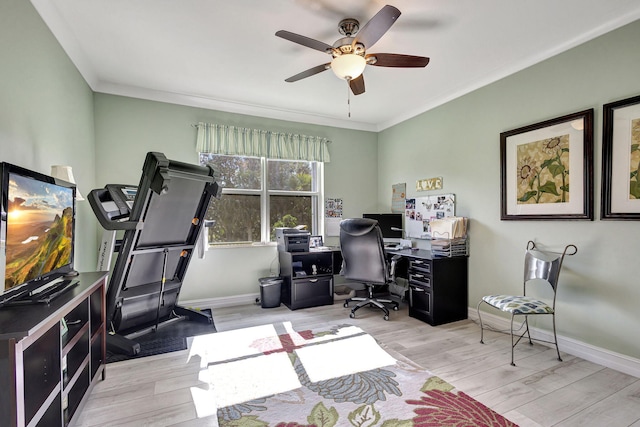 office space featuring ceiling fan, ornamental molding, and light wood-type flooring