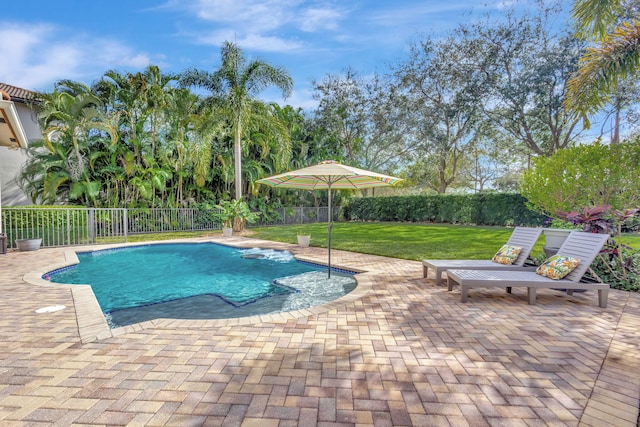 view of pool featuring a lawn and a patio area